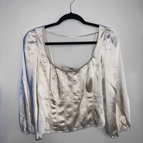 FREE PEOPLE SATIN PUFF SLEEVE BLOUSE - Picture 1 of 7